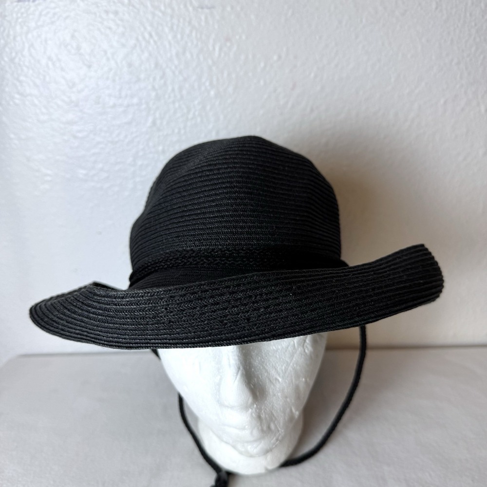 Eric Javits Packable Straw Sun Hat Black Chin Strap Brim Vacation Resortwear